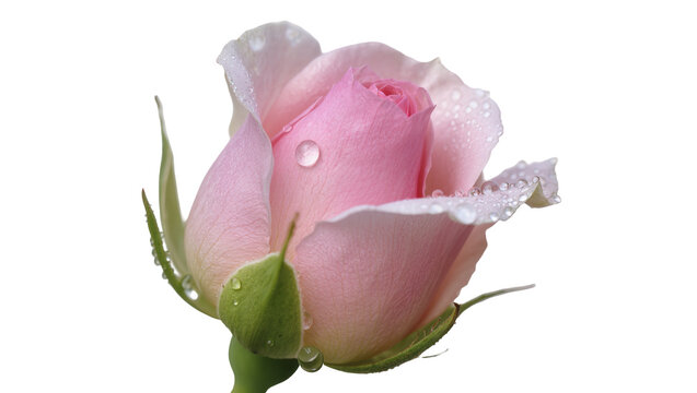 Delicate pink rosebud with glistening water droplets, fresh and vibrant, isolated on transparent background, perfect for romantic designs PNG