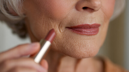 Naklejka premium Close up of a senior woman apply lipstick, showcasing beauty routine, aged skin texture, and elegant self-care, perfect for cosmetic ads