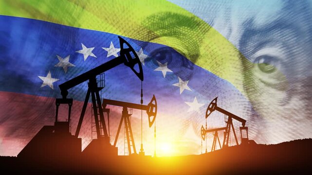 The change in oil prices. Oil price cap concept. Oil drilling derricks at desert oilfield. Oil pump on background of US dollar and Venezuela flag. Petroleum production.
