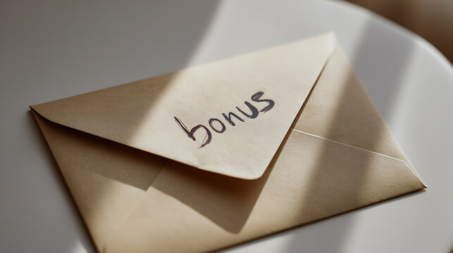 Craft paper envelope with the word bonus written on it, placed on a light surface with natural sunlight and shadow. Conceptual image for reward