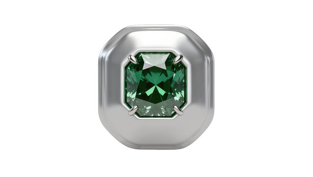 Luxurious square cut green emerald gemstone, meticulously set in a polished silver bezel, isolated jewelry component for elegant design projects
