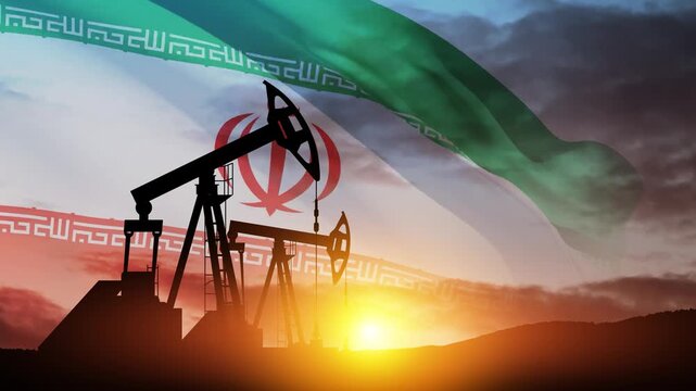 Oil drilling derricks at desert oilfield with Iran flag. The change in oil prices caused by the war. Oil prices are rising because of the global crisis. Crude oil production from the ground.