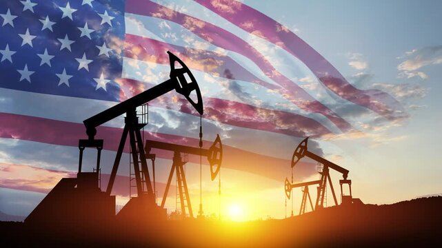 The change in oil prices caused by the war. Oil price cap concept. Oil drilling derricks at desert oilfield with USA flag. Crude oil production from the ground. Petroleum production.