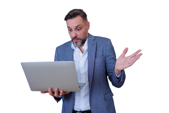 Businessman looking confused and shrugging while holding an open laptop, experiencing a problem or system failure. Transparent background
