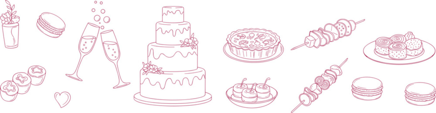 cake brithday dining icons and celebration event doodles party, restaurant, menu, food, drink, wine, glass, plate, fork, knife, 