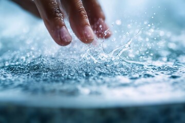 Fototapeta premium A person's fingers, after touching the water, leaving splashes with droplets, making the water appear turbulent