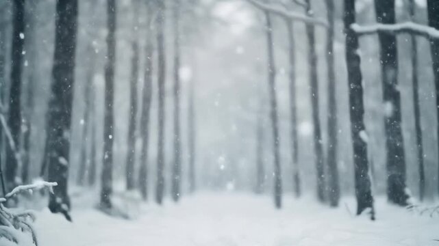 Snowflakes falling on forest trees in winter