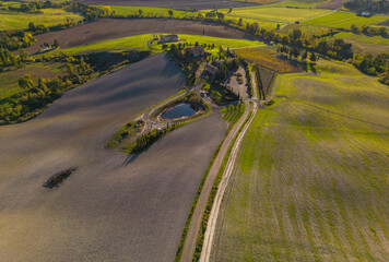 Naklejka premium Tuscany Casaltina landscape aerial view with farmhouse and fields
