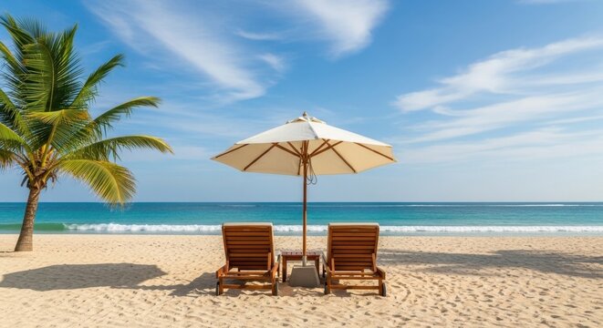 Tropical Beach Paradise: Relaxing Escape with Palm Trees, Umbrella, and Ocean Views - Perfect for Vacation Getaways, Travel Destinations, and Summer Bliss (181 chars)