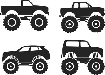 Black silhouette vector set of heavy monster trucks with giant tires including pickup and suv styles for offroad racing and extreme motorsport event design © Lalchan