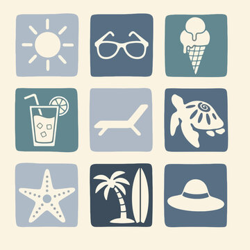 Summer vacation icons on squares.