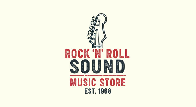 Rock n Roll Sound Music Store Logo with Guitar Headstock.