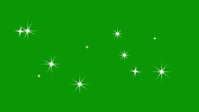 star sparkle vector doodles, Twinkling stars animation, glowing light effect, fast line glitter star motion, white cartoon blinking stars, flat vector doodle sparkle star, green background 4k video
