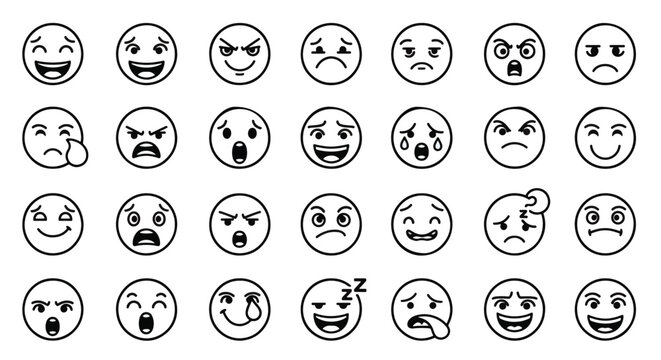 Diverse emotions are represented through a collection of facial expressions in a row showcasing feelings ranging from joy and laughter to anger sadness and sleepiness reflecting the complexities
