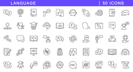 Language icon set. Translation icons in line style. Editable web icons translate, writing, speech, speaking, dictionary, text, language. Vector illustration. © TMvectorart