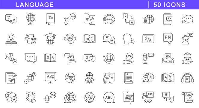Language icon set. Translation icons in line style. Editable web icons translate, writing, speech, speaking, dictionary, text, language. Vector illustration.