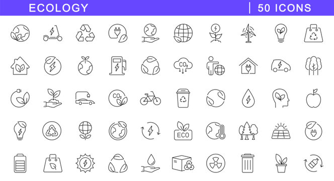 Ecology icon set. Eco icons in line style. Editable web icons ecofriendly, nature, recycle, eco, bio, power etc. Vector illustration.