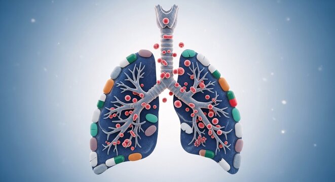 Anatomical illustration of human lungs with bronchial tree and colorful organs.