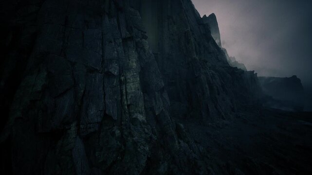 towering cliff face under dim twilight sky revealing vertical striations and jagged geometry, coastal fog seeping along ledges and dramatic shadow emphasizing