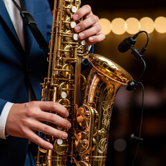 Obraz premium Jazz Day Musician in blue suit playing golden saxophone with microphone instrument