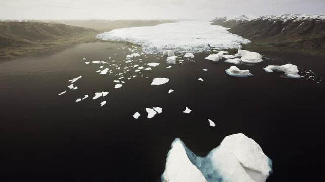 Antarctic bergs drifting through narrow channel, dynamic aerial viewpoint showing density variations of ice, navigational challenge feel with high contrast
