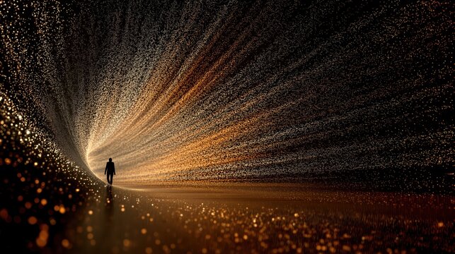 A solitary figure walks through a breathtaking tunnel of golden light particles in an abstract dark space.