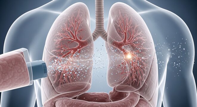 Medical illustration of lungs with highlighted tumor and syringe injecting treatment.