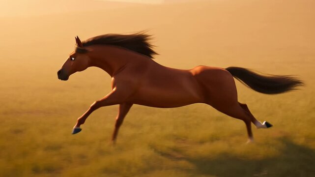 Animated chestnut horse galloping freely across golden field in a stylized and energetic motion,ideal for childrens content and animalthemed projects