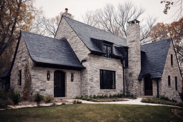 Fototapeta premium A contemporary stone house featuring a dark roof is nestled among a cluster of trees, surrounded by the muted tones of an overcast fall day