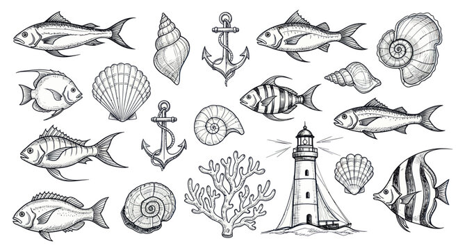 Hand-drawn sketch collection of various marine life and nautical elements.