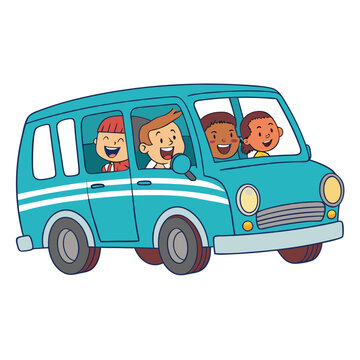 Cartoon illustration of a group of diverse happy children riding in a turquoise minivan on a school trip or family vacation