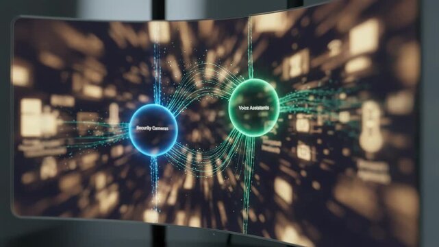 Dynamic shot of a smart home router interface screen prioritizing security cameras and voice assistants with the rest of the home tech setup in smooth bokeh.