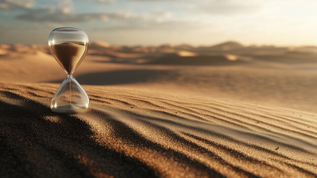 An hourglass sits on rippling sand dunes in a desert landscape at sunset, symbolizing time.