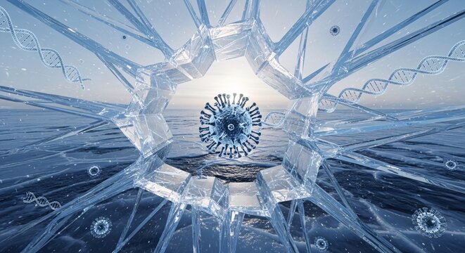 Viral particle in a broken glass with DNA strands floating in the background.