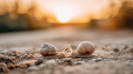 Fototapeta premium Two snails approaching each other on sandy soil during warm sunset light. Macro wildlife image highlighting shell texture, antennae and natural environment