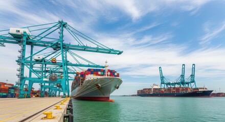 Fototapeta premium Industrial container ships docked at modern port with giant blue cranes