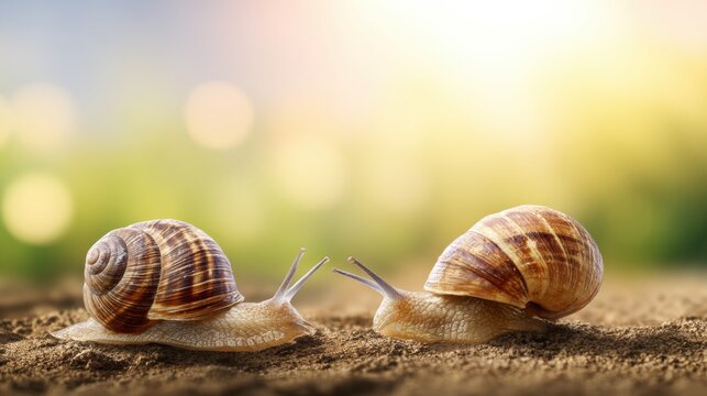Two garden snails facing each other on soil with golden background. Macro wildlife scene showing delicate antennae and spiral shells. Concept of connection, nature interaction and animal behavior