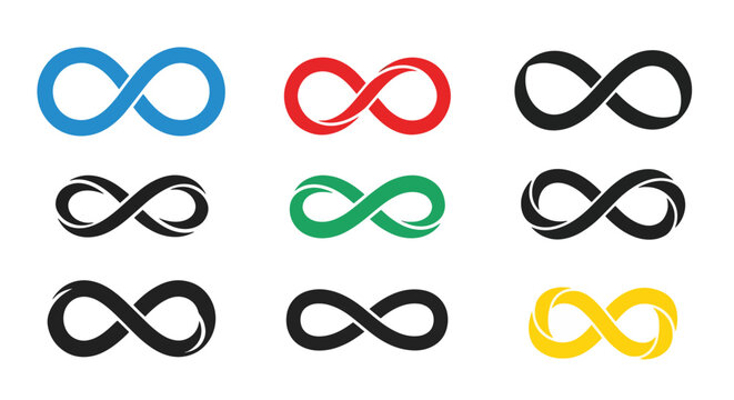 Various Infinity Symbols Presentation Showcasing Colorful Design Concept Suggesting Limitless Possibilities and Everlasting Nature Suitable for Business Logos and Mathematical Representations