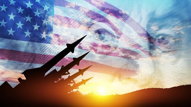 The missiles are aimed at the sky at sunset with USA flag and US dollar. Bomb, chemical weapons, missile defense, a system of salvo fire.