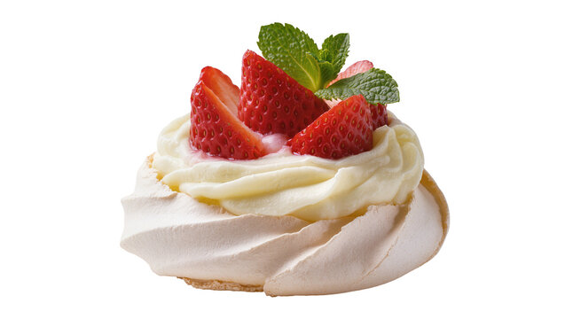 Gourmet individual pavlova dessert with delicate meringue, rich whipped cream, vibrant sliced strawberries, and fresh mint, isolated, sweet pastry PNG
