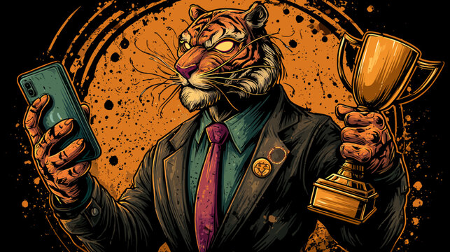 Illustration of a tiger wearing a suit holding a phone and trophy. Abstract background