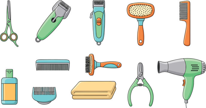 Professional pet grooming tools and equipment set isolated on white