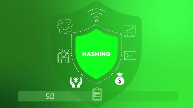 Hashing algorithm transforming data into fixed secure code for integrity verification 4K animation video.