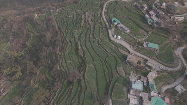 Aerial landscape view of Sainji corn village near Mussoorie, Uttarakhand, with village houses, terrace farms, and forests of deodar and pine on misty Himalayan slopes in winter.