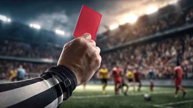 Close up of a soccer referee hand holding up a red card in a stadium. AI generated image