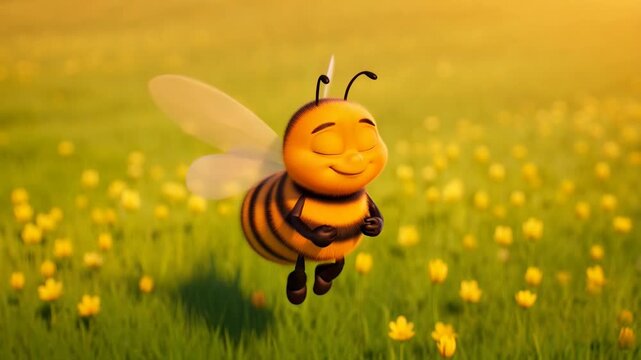 Cartoon bee flying over a field of yellow flowers on a sunny day with warm lighting