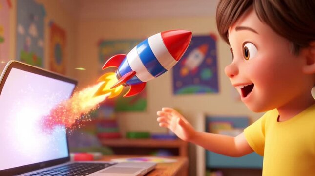 Excited child watches a rocket launch from a laptop screen in a classroom
