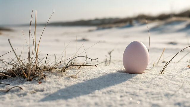 Single pastel Easter egg placed on sandy beach with dry grass in soft natural sunlight minimal coastal composition ideal for spring holiday backgrounds and calm visuals
