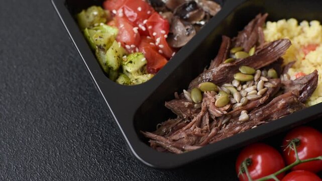 A bowl with beef, porridge, mushrooms, vegetables, sauce, and spices. Beef bowl as a food background for your design