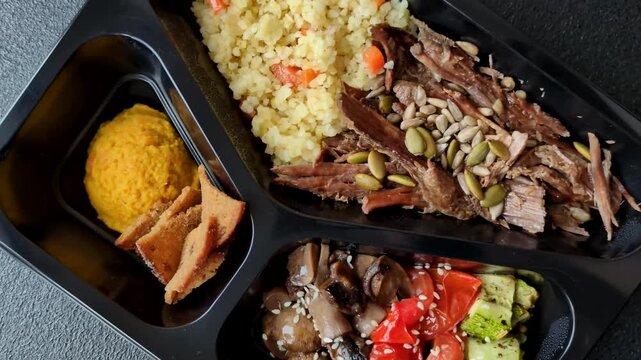 A bowl with beef, porridge, mushrooms, vegetables, sauce, and spices. Beef bowl as a food background for your design